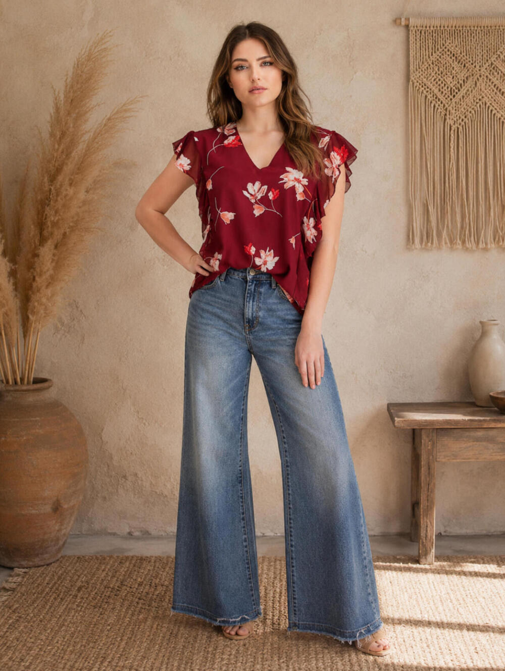 Lauren Ralph Lauren Floral V-Neck Ruffle Sleeve Top Beaded Detail Women’s Small